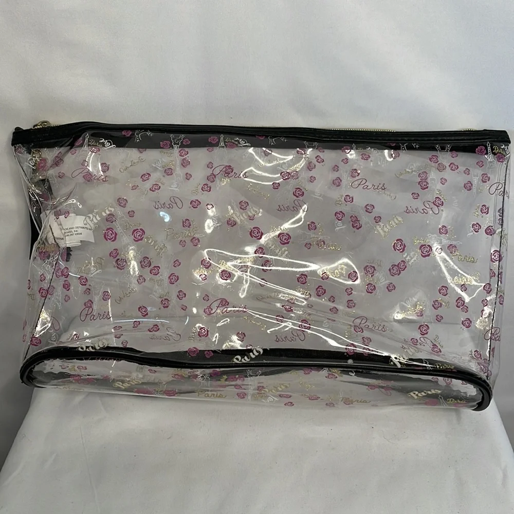 Clear cosmetic makeup bag with pink roses and Eiffel Tower gold hardware tassel
